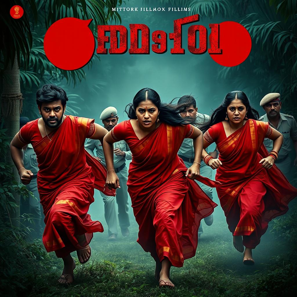 A cinematic horror film poster set in a dense jungle, featuring three individuals: two 30-year-old men and a 27-year-old woman, all wearing vibrant red sarees and blouses that flow as they run