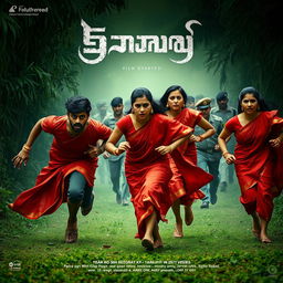 A cinematic horror film poster set in a dense jungle, featuring three individuals: two 30-year-old men and a 27-year-old woman, all wearing vibrant red sarees and blouses that flow as they run