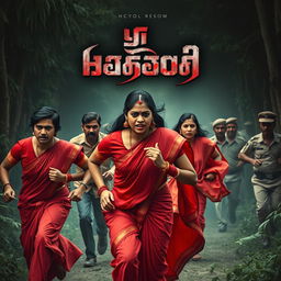 A cinematic horror film poster set in a dense jungle, featuring three individuals: two 30-year-old men and a 27-year-old woman, all wearing vibrant red sarees and blouses that flow as they run