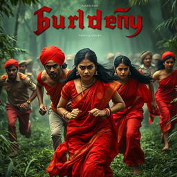 A cinematic horror film poster set in a dense jungle, featuring three individuals: two 30-year-old men and a 27-year-old woman, all wearing vibrant red sarees and blouses that flow as they run