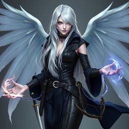 A female aasimar with luxurious silver hair cascading down her back, her skin is pale and unblemished like porcelain