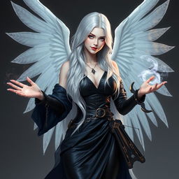 A female aasimar with luxurious silver hair cascading down her back, her skin is pale and unblemished like porcelain