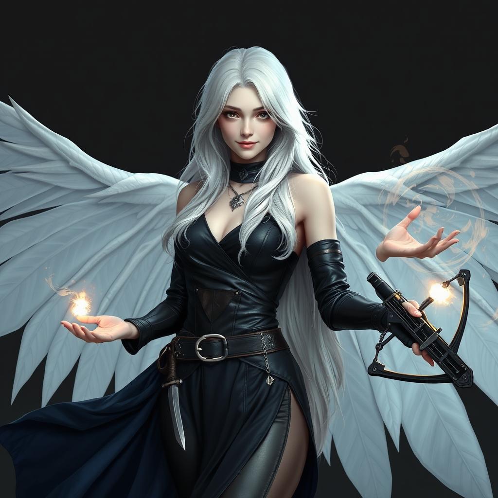 A female aasimar with luxurious silver hair cascading down her back, her skin is pale and unblemished like porcelain