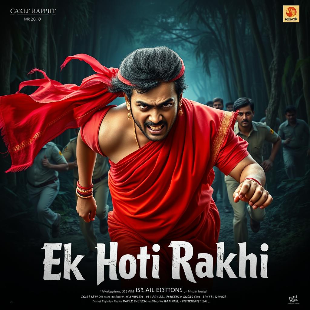 A cinematic film poster titled 'Ek Hoti Rakhi', featuring a 30-year-old man wearing a vibrant red saree and matching blouse, with a long wig flowing behind him