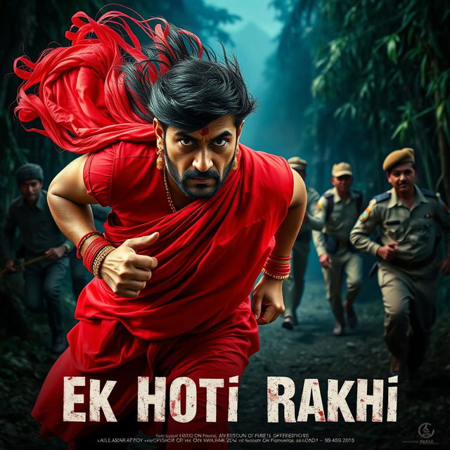 A cinematic film poster titled 'Ek Hoti Rakhi', featuring a 30-year-old man wearing a vibrant red saree and matching blouse, with a long wig flowing behind him