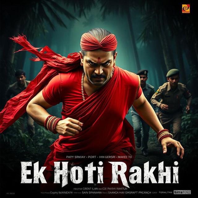 A cinematic film poster titled 'Ek Hoti Rakhi', featuring a clean-shaven 30-year-old man wearing a vibrant red saree and matching blouse, with a long wig flowing behind him