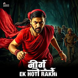 A cinematic film poster titled 'Ek Hoti Rakhi', featuring a clean-shaven 30-year-old man wearing a vibrant red saree and matching blouse, with a long wig flowing behind him