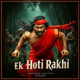 A cinematic film poster titled 'Ek Hoti Rakhi', featuring a clean-shaven 30-year-old man wearing a vibrant red saree and matching blouse, with a long wig flowing behind him