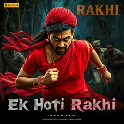 A cinematic film poster titled 'Ek Hoti Rakhi', featuring a clean-shaven 30-year-old man wearing a vibrant red saree and matching blouse, with a long wig flowing behind him