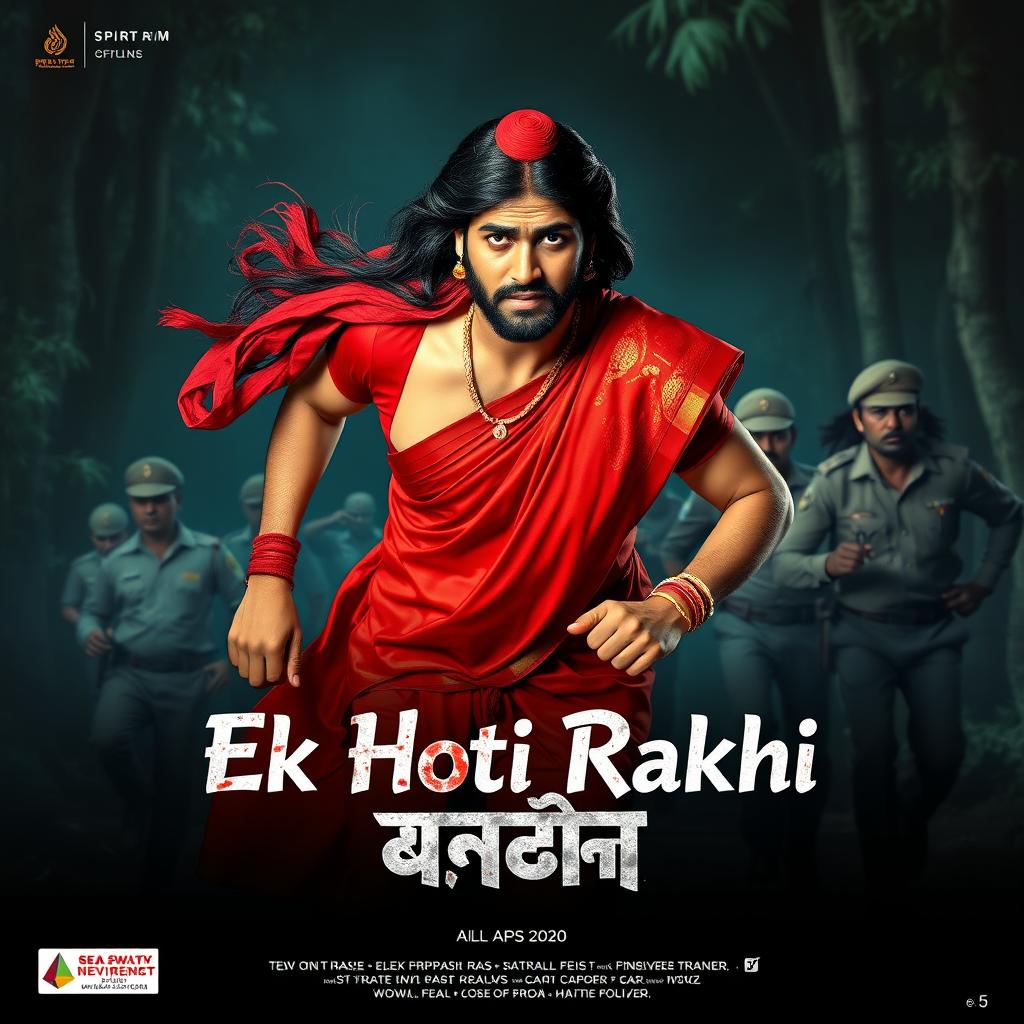 A cinematic film poster titled 'Ek Hoti Rakhi', featuring a clean-shaven 30-year-old man wearing a vibrant red saree and matching blouse, with a long flowing wig