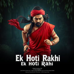 A cinematic film poster titled 'Ek Hoti Rakhi', featuring a clean-shaven 30-year-old man wearing a vibrant red saree and matching blouse, with a long flowing wig