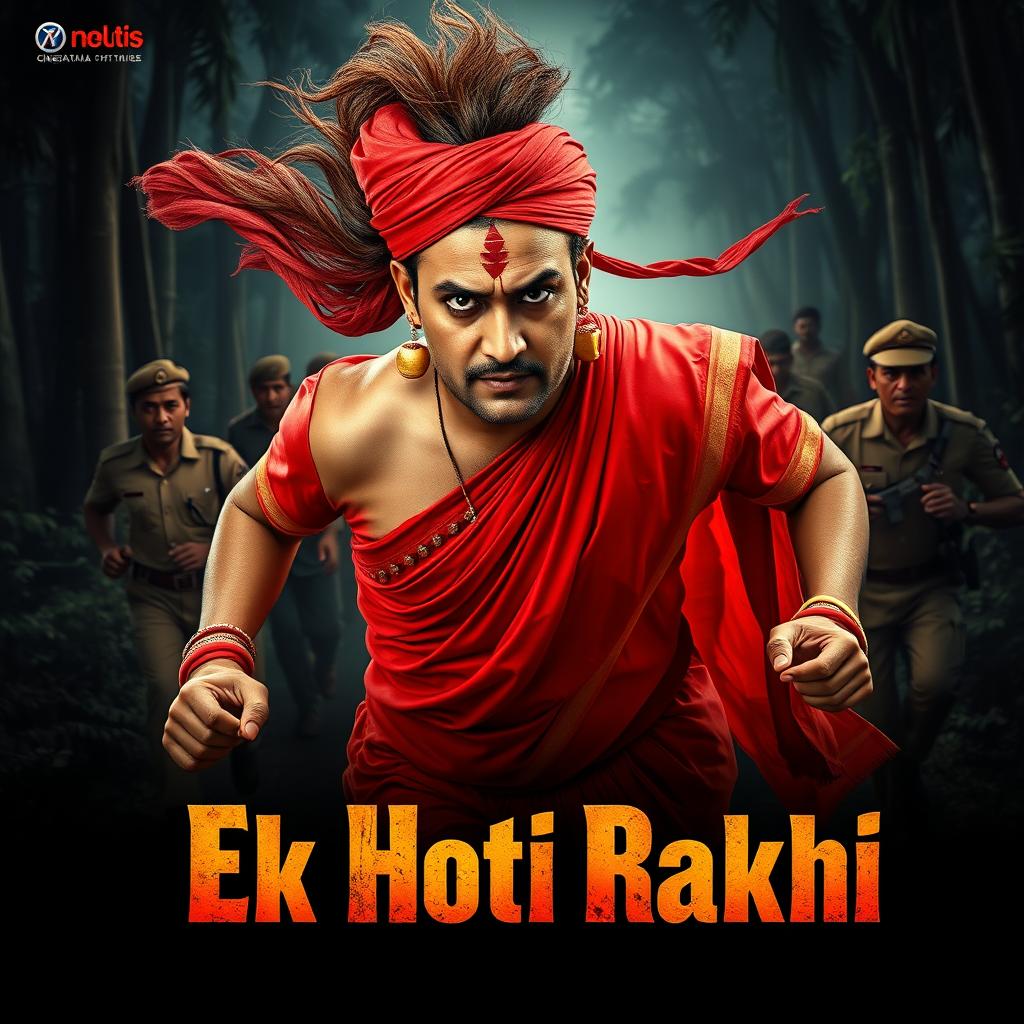 A cinematic film poster titled 'Ek Hoti Rakhi', featuring a clean-shaven 30-year-old man wearing a vibrant red saree and matching blouse, with a long flowing wig