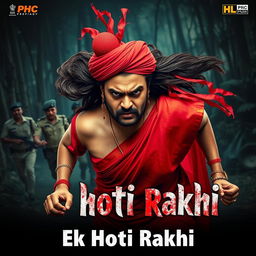 A cinematic film poster titled 'Ek Hoti Rakhi', featuring a clean-shaven 30-year-old man wearing a vibrant red saree and matching blouse, with a long flowing wig