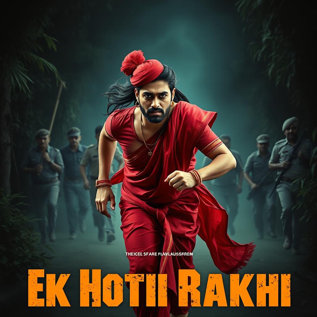 A cinematic film poster titled 'Ek Hoti Rakhi', featuring a clean-shaven 30-year-old man running forward, dressed in a striking red saree and blouse, with a long flowing wig