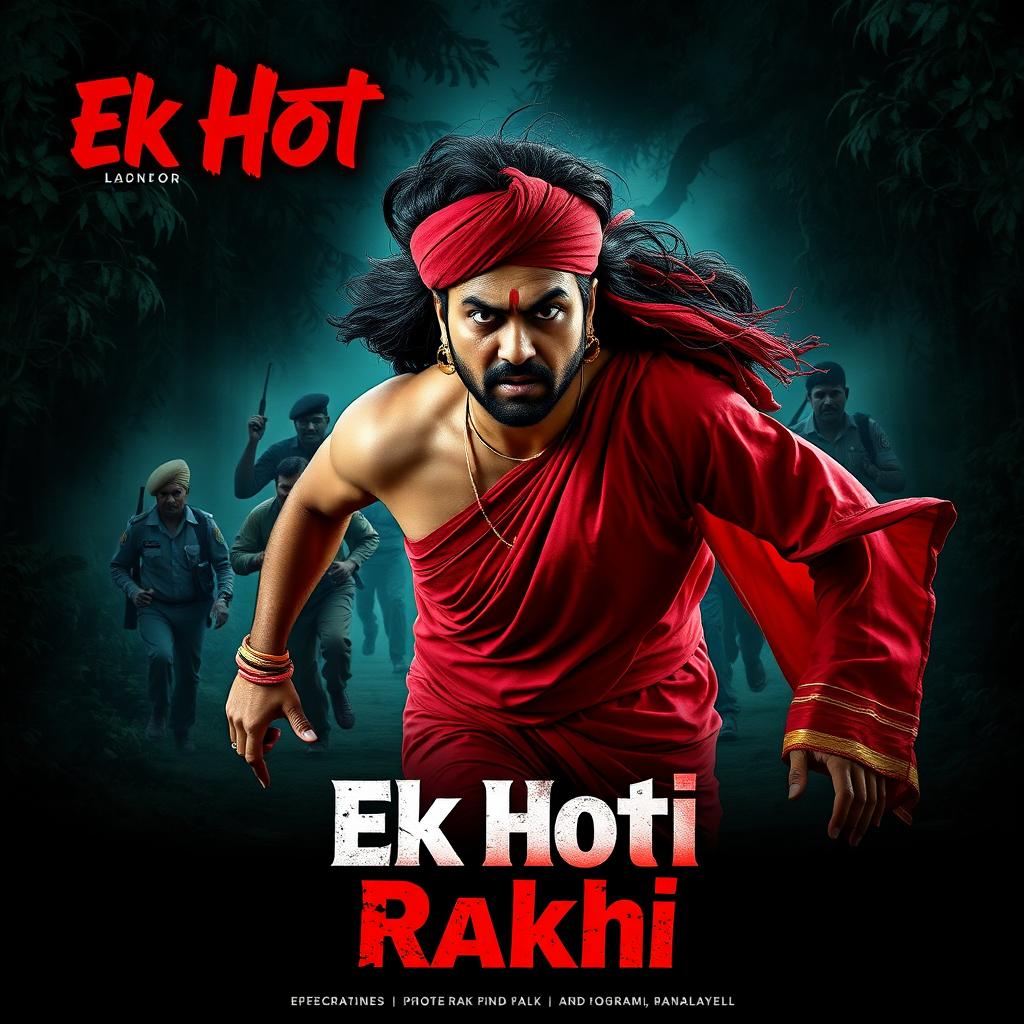 A cinematic film poster titled 'Ek Hoti Rakhi', featuring a clean-shaven 30-year-old man running forward, dressed in a striking red saree and blouse, with a long flowing wig