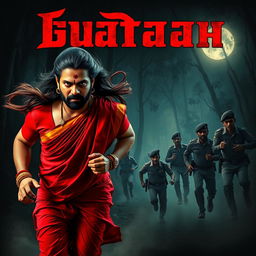 A cinematic horror movie poster featuring a 30-year-old clean-shaven man wearing a vibrant red saree and blouse, along with a long, flowing hair wig