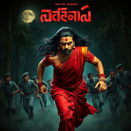 A cinematic horror movie poster featuring a 30-year-old clean-shaven man wearing a vibrant red saree and blouse, along with a long, flowing hair wig