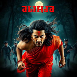 A cinematic horror movie poster featuring a 30-year-old clean-shaven man wearing a vibrant red saree and blouse, along with a long, flowing hair wig