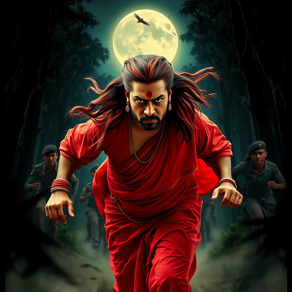 A cinematic horror movie poster featuring a 30-year-old clean-shaven man wearing a vibrant red saree and blouse, along with a long, flowing hair wig