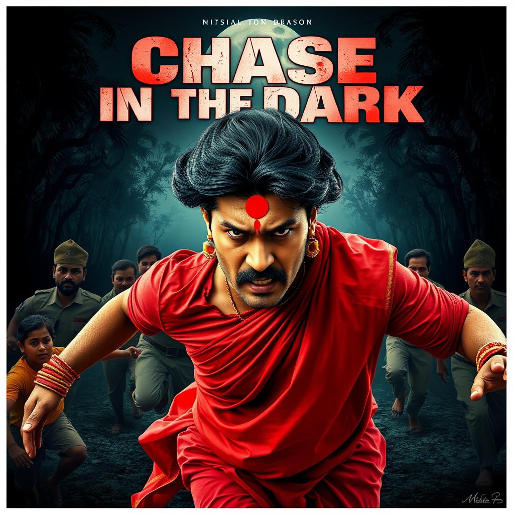 A cinematic horror movie poster featuring a 30-year-old clean-shaven Indian man wearing a vibrant red saree and blouse, with a dramatic hair wig