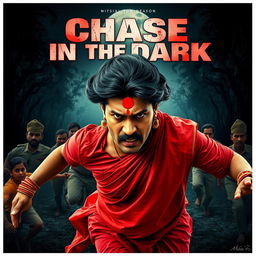 A cinematic horror movie poster featuring a 30-year-old clean-shaven Indian man wearing a vibrant red saree and blouse, with a dramatic hair wig