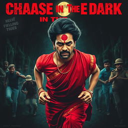 A cinematic horror movie poster featuring a 30-year-old clean-shaven Indian man wearing a vibrant red saree and blouse, with a dramatic hair wig