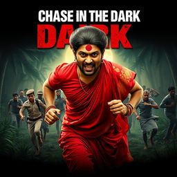 A cinematic horror movie poster featuring a 30-year-old clean-shaven Indian man wearing a vibrant red saree and blouse, with a dramatic hair wig