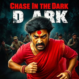 A cinematic horror movie poster featuring a 30-year-old clean-shaven Indian man wearing a vibrant red saree and blouse, with a dramatic hair wig