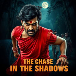 A cinematic horror film poster featuring a 30-year-old clean-shaven Indian man wearing a vibrant red saree and blouse, with a stylish hair wig