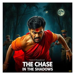 A cinematic horror film poster featuring a 30-year-old clean-shaven Indian man wearing a vibrant red saree and blouse, with a stylish hair wig