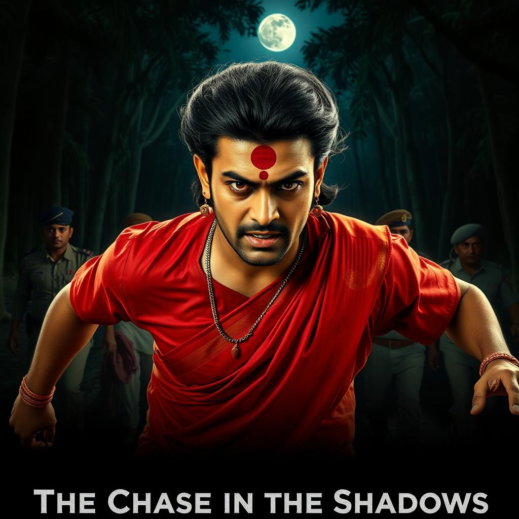 A cinematic horror film poster featuring a 30-year-old clean-shaven Indian man wearing a vibrant red saree and blouse, with a stylish hair wig