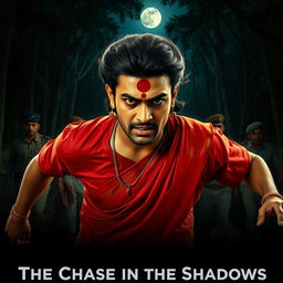 A cinematic horror film poster featuring a 30-year-old clean-shaven Indian man wearing a vibrant red saree and blouse, with a stylish hair wig