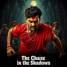 A cinematic horror film poster featuring a 30-year-old clean-shaven Indian man wearing a vibrant red saree and blouse, with a stylish hair wig