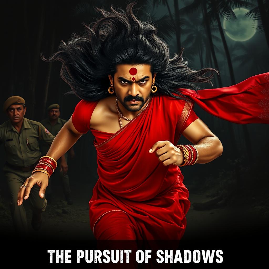 A cinematic horror film poster featuring a 30-year-old clean-shaven Indian man wearing a striking red saree and blouse, complete with a long hair wig flowing dramatically behind him