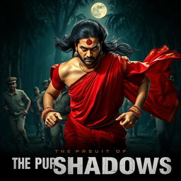 A cinematic horror film poster featuring a 30-year-old clean-shaven Indian man wearing a striking red saree and blouse, complete with a long hair wig flowing dramatically behind him