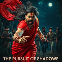 A cinematic horror film poster featuring a 30-year-old clean-shaven Indian man wearing a striking red saree and blouse, complete with a long hair wig flowing dramatically behind him