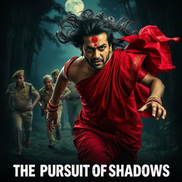 A cinematic horror film poster featuring a 30-year-old clean-shaven Indian man wearing a striking red saree and blouse, complete with a long hair wig flowing dramatically behind him