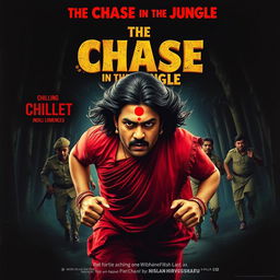 A dramatic horror film poster featuring a 30-year-old clean-shaven Indian man wearing a red saree and blouse, with a dramatic long hair wig