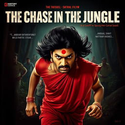 A dramatic horror film poster featuring a 30-year-old clean-shaven Indian man wearing a red saree and blouse, with a dramatic long hair wig