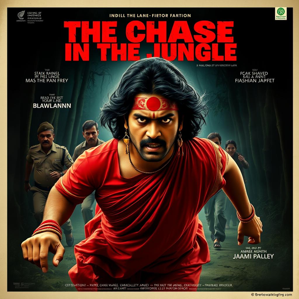 A dramatic horror film poster featuring a 30-year-old clean-shaven Indian man wearing a red saree and blouse, with a dramatic long hair wig