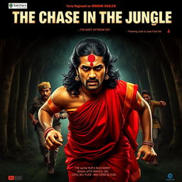 A dramatic horror film poster featuring a 30-year-old clean-shaven Indian man wearing a red saree and blouse, with a dramatic long hair wig