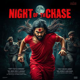 A captivating horror film poster titled 'Night of the Chase', featuring a 30-year-old clean-shaven Indian man dressed in a vibrant red saree and blouse, with a long hair wig flowing dramatically behind him