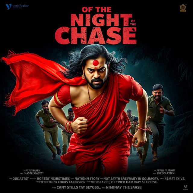 A captivating horror film poster titled 'Night of the Chase', featuring a 30-year-old clean-shaven Indian man dressed in a vibrant red saree and blouse, with a long hair wig flowing dramatically behind him