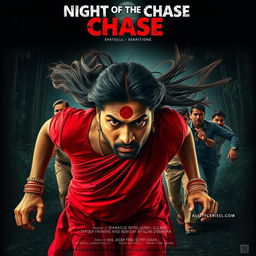 A captivating horror film poster titled 'Night of the Chase', featuring a 30-year-old clean-shaven Indian man dressed in a vibrant red saree and blouse, with a long hair wig flowing dramatically behind him