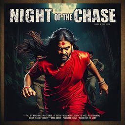 A captivating horror film poster titled 'Night of the Chase', featuring a 30-year-old clean-shaven Indian man dressed in a vibrant red saree and blouse, with a long hair wig flowing dramatically behind him