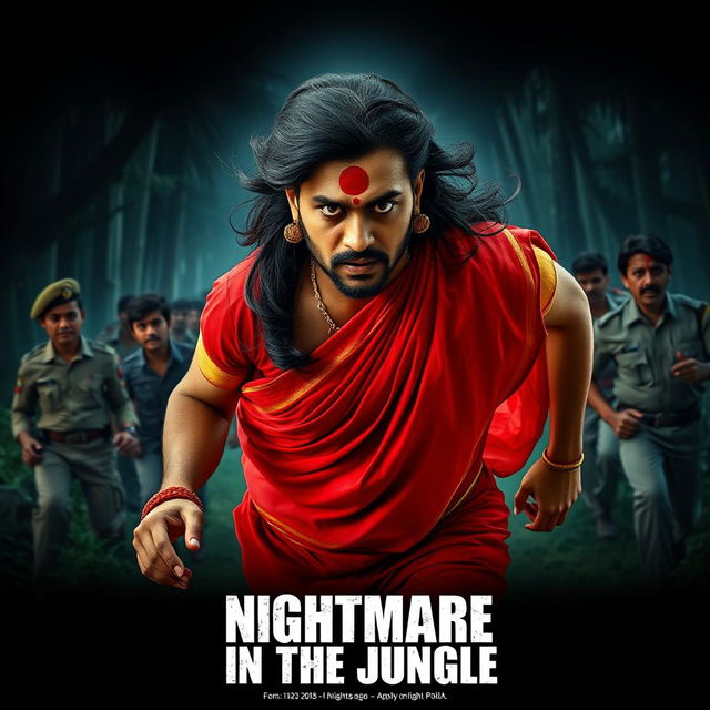 A cinematic horror film poster showcasing a 30-year-old clean-shaven Indian man wearing a vibrant red saree and blouse, complemented by a long hair wig