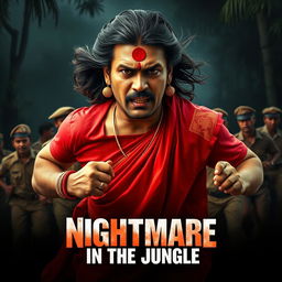 A cinematic horror film poster showcasing a 30-year-old clean-shaven Indian man wearing a vibrant red saree and blouse, complemented by a long hair wig