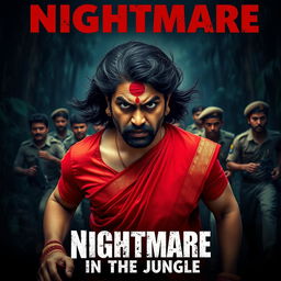 A cinematic horror film poster showcasing a 30-year-old clean-shaven Indian man wearing a vibrant red saree and blouse, complemented by a long hair wig