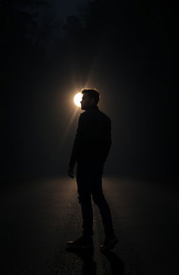 A solitary man standing in the middle of a dark road, with a full moon glowing behind him, embodying a sense of searching and tension