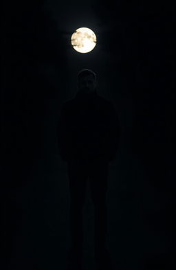 A solitary man standing in the middle of a dark road, with a full moon glowing behind him, embodying a sense of searching and tension